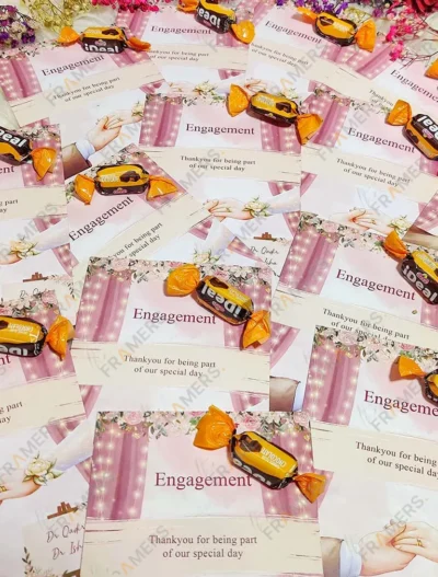 Romantic couple illustration engagement favor cards with chocolates