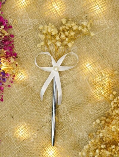 Silver Metal Nikkah Pen with Cream Dried Baby's Breath & White Pearl Bow