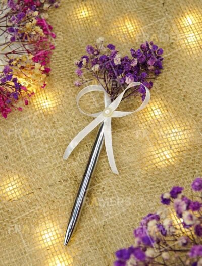 Silver Metal Nikkah Pen with Purple Dried Baby's Breath & White Pearl Bow