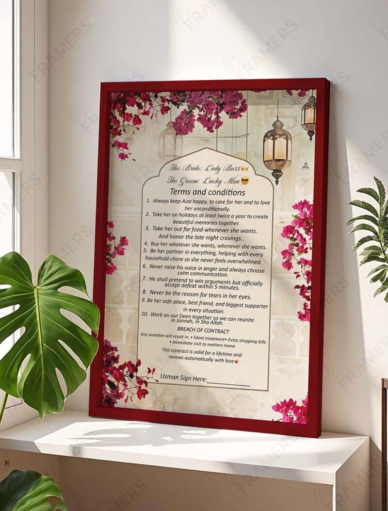 Personalized wedding contract frame in gold with pink bougainvillea design